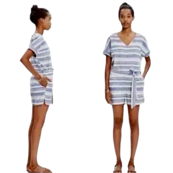 Madewell Perimeter Striped Linen Blend V Neck Casual Romper Women’s Large - Picture 3 of 15